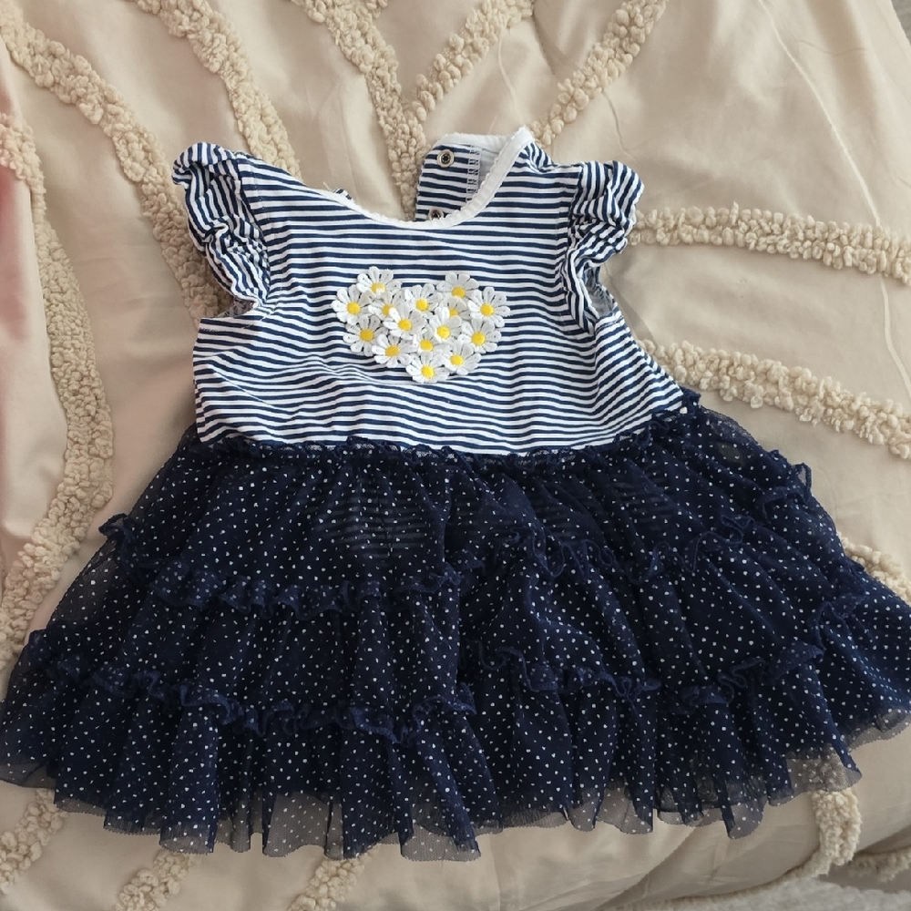 Navy and White Striped Dress with Daisies